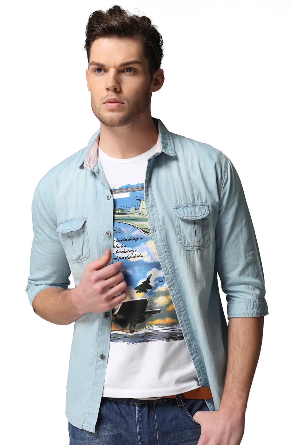 jackie park 水手公园 男装牛仔衬衫 潮流 修身衬衫 薄款七分袖休闲